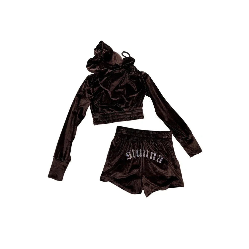 Stunna Set Brown Velvet Velour Rhinestone Cropped Hoodie Shorts S New